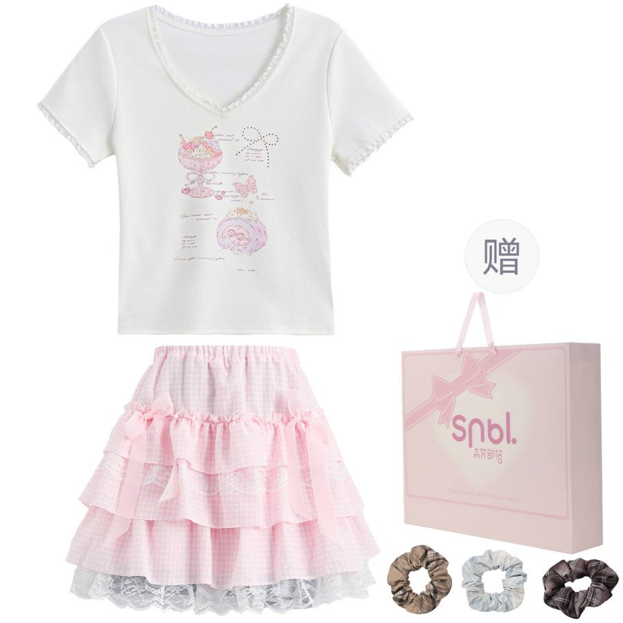 SNBL Two Piece Skirt Sets Women's V Neck Moderate Short Skirt