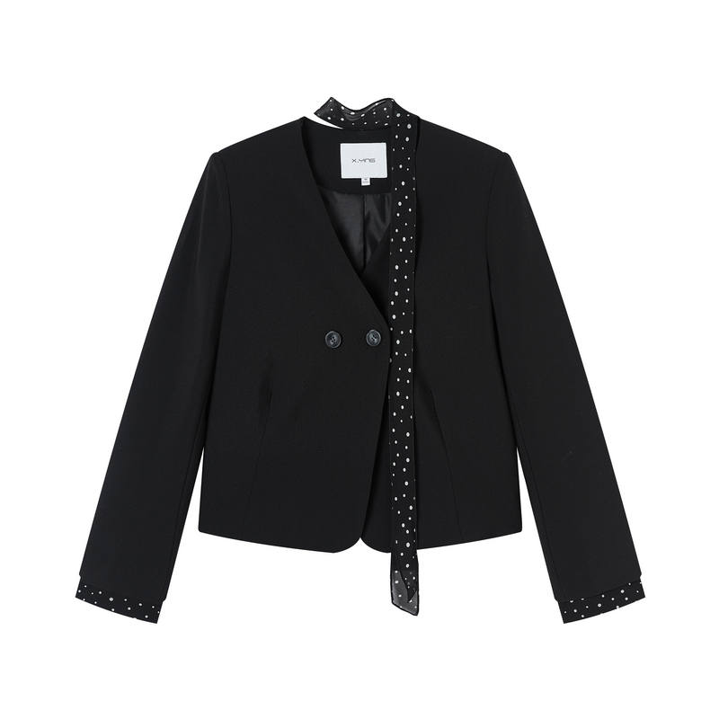 XIANGYING Cropped Coats Women's Black V Neck Moderate