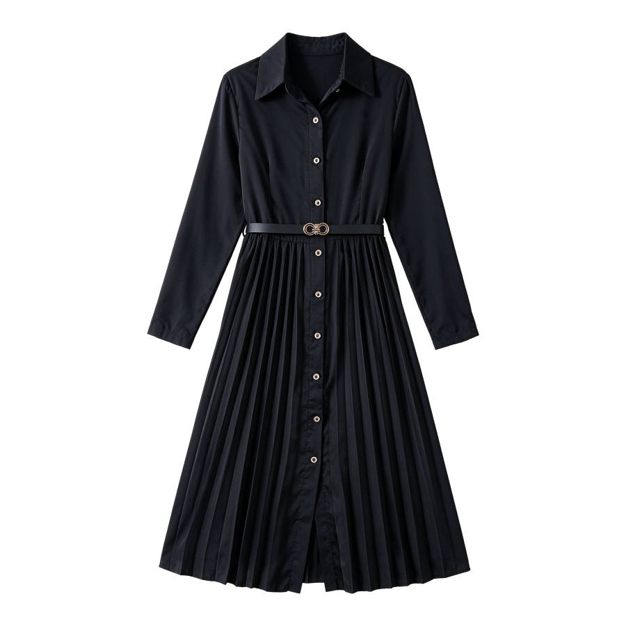 CPAURA Long Sleeved Dresses Women's Black With Belt Suit Collar Moderate Long Skirt A Line Skirt
