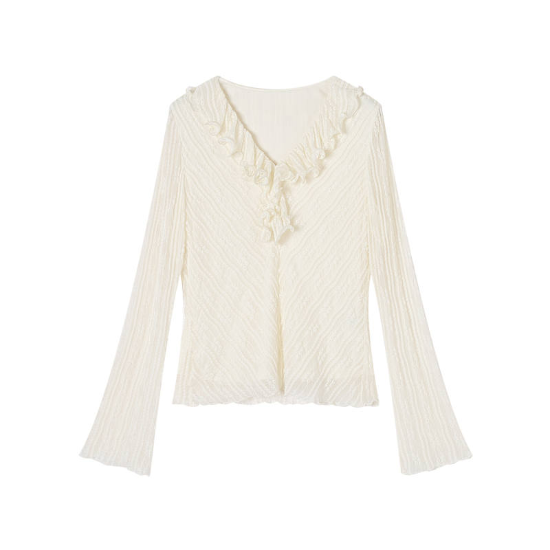 XIANGYING Chiffon Shirts Women's Ecru V Neck Moderate