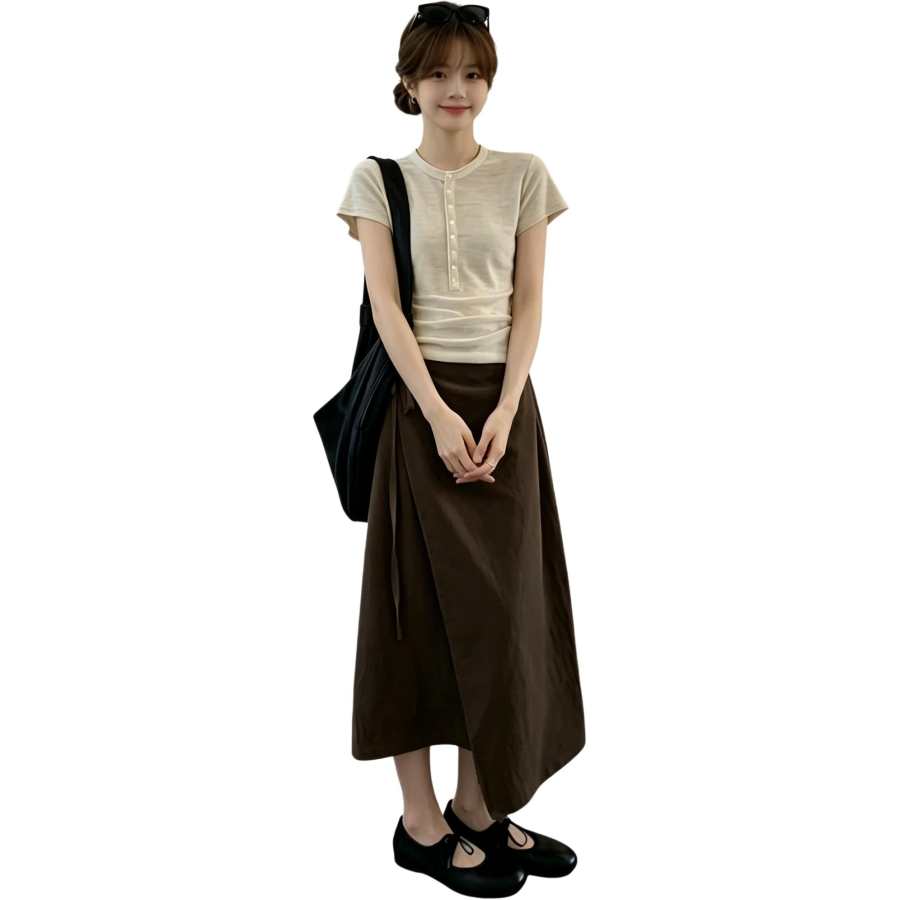JBBCN Two Piece Skirt Sets Women's Henry Collar Thin Midi Skirt