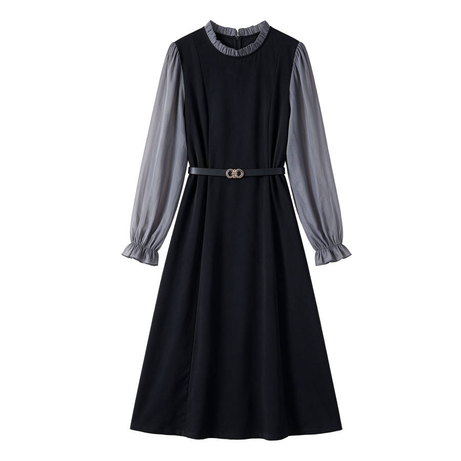 CPAURA Long Sleeved Dresses Women's Image Color With Belt Crew Neck Moderate Long Skirt A Line Skirt