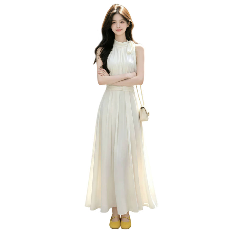 JBBCN Sleeveless Dresses Women's White Halter Thin Long Skirt A Line Skirt