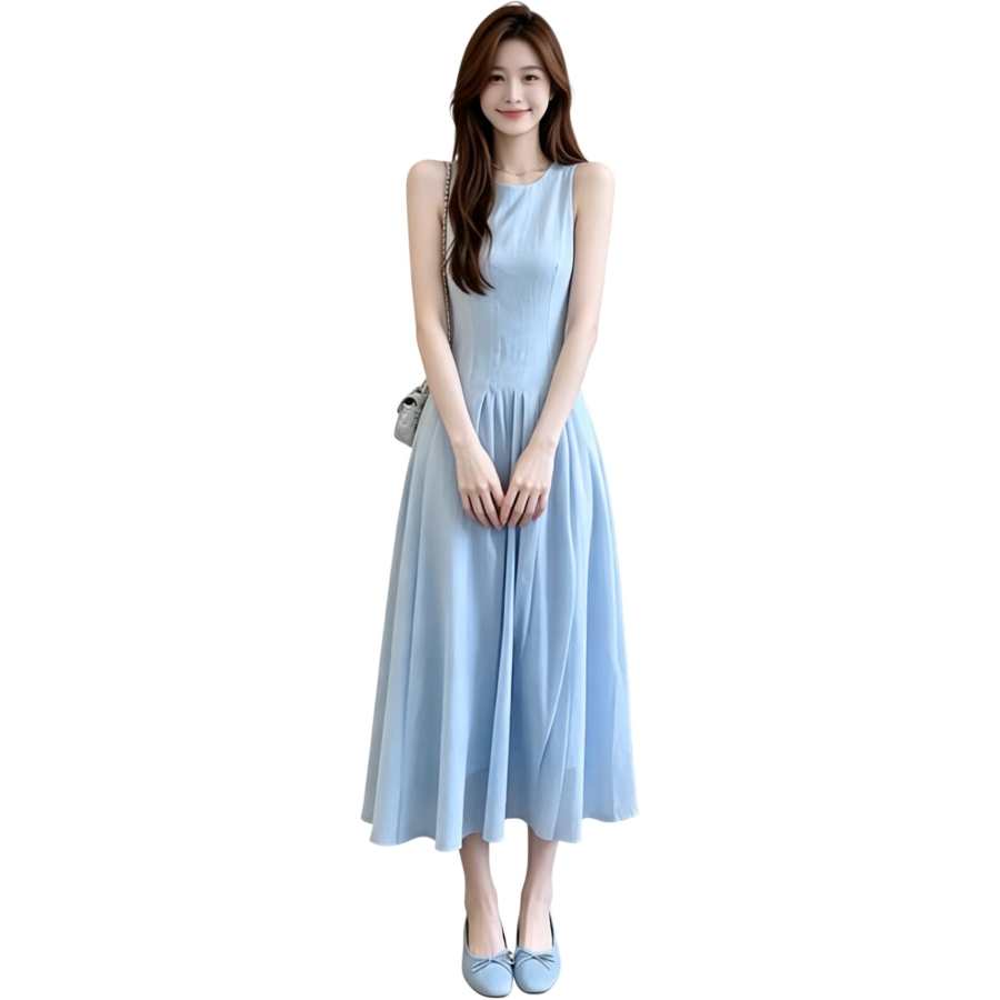JBBCN Sleeveless Dresses Women's Blue Crew Neck Thin Long Skirt A Line Skirt