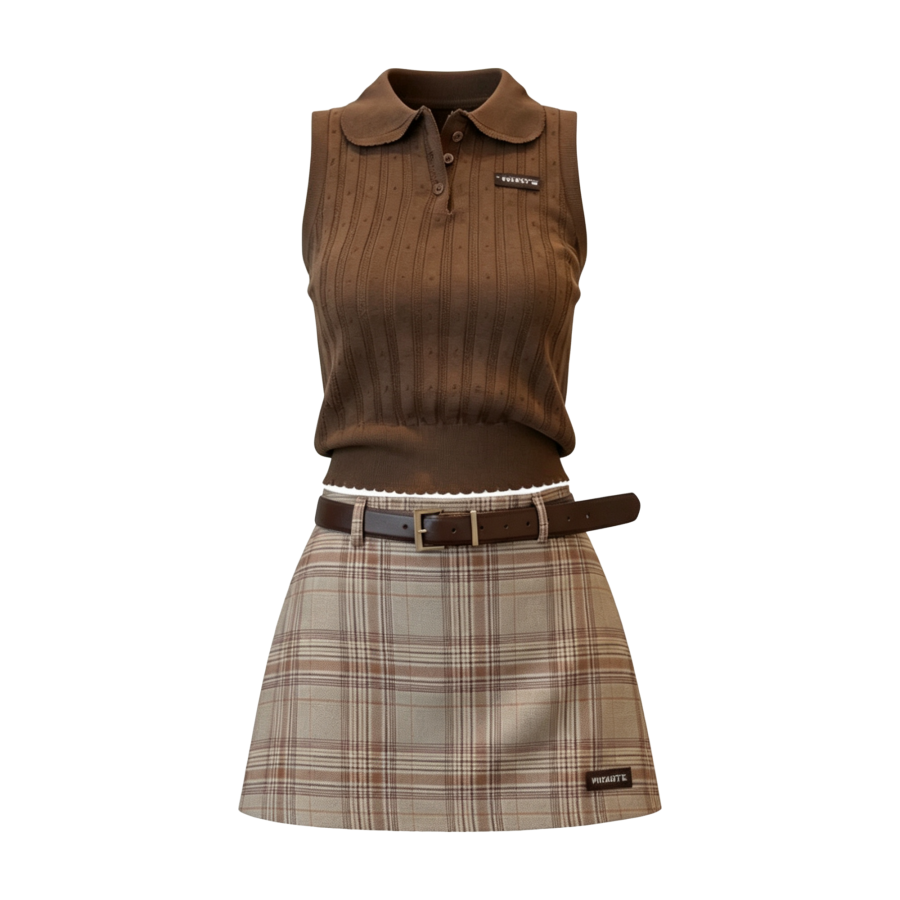 FINDSME GAGA Two Piece Skirt Sets Women's V Neck Thin Short Skirt
