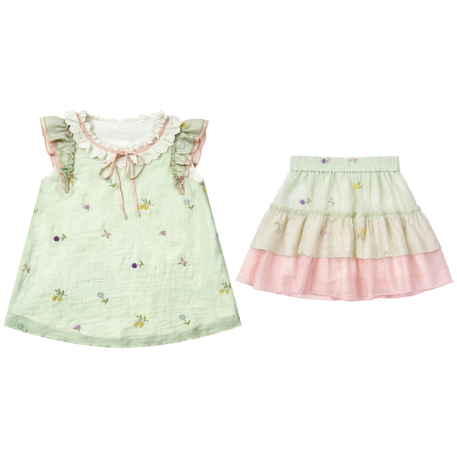 FABRIC PIG Two Piece Skirt Sets Women's Green Top+Skirt Peter Pan Collar Thin Long Skirt
