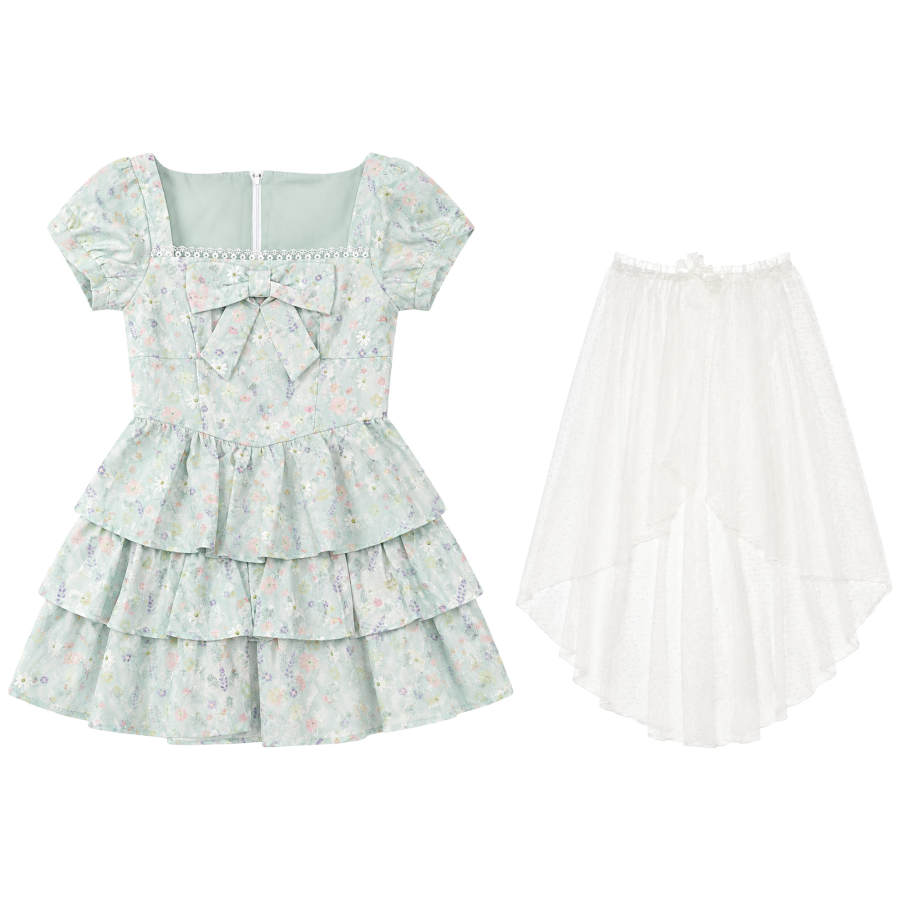 FABRIC PIG Short Sleeved Dresses Women's Square Collar Thin Short Skirt Tiered Skirt