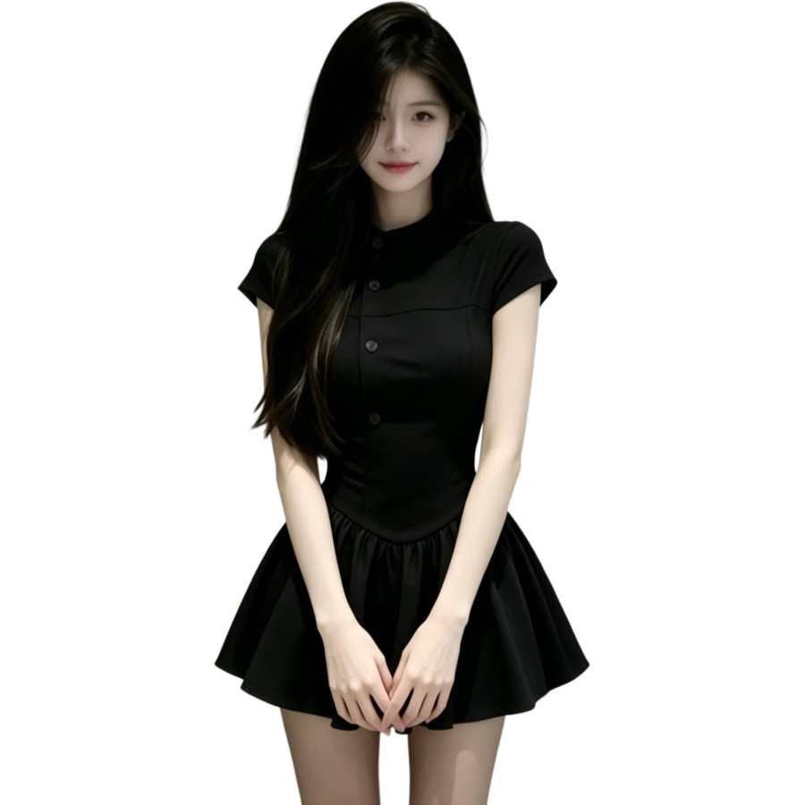 JBBCN Short Sleeved Dresses Women's Black Stand Collar Thin Short Skirt A Line Skirt