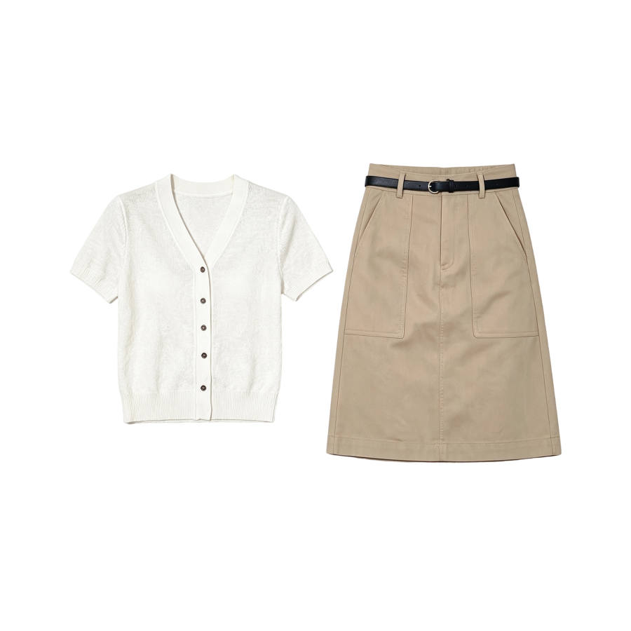 TUSHIFEI Two Piece Skirt Sets Women's V Neck Moderate Short Skirt
