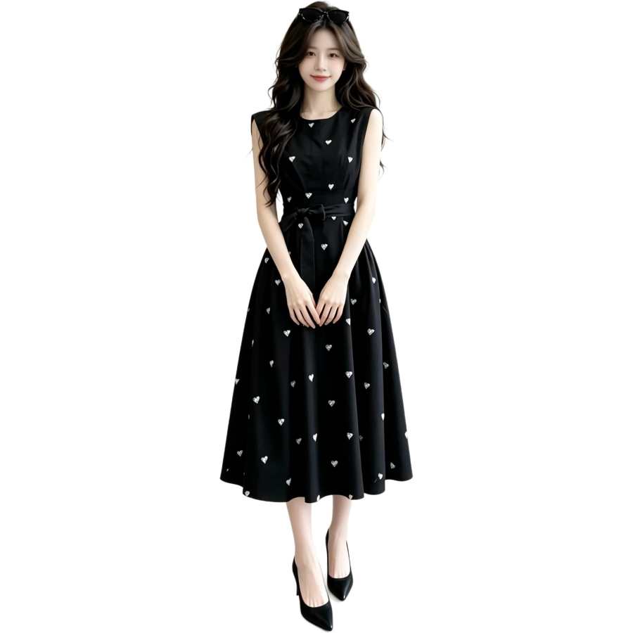 JBBCN Sleeveless Dresses Women's Black Crew Neck Moderate Midi Skirt A Line Skirt