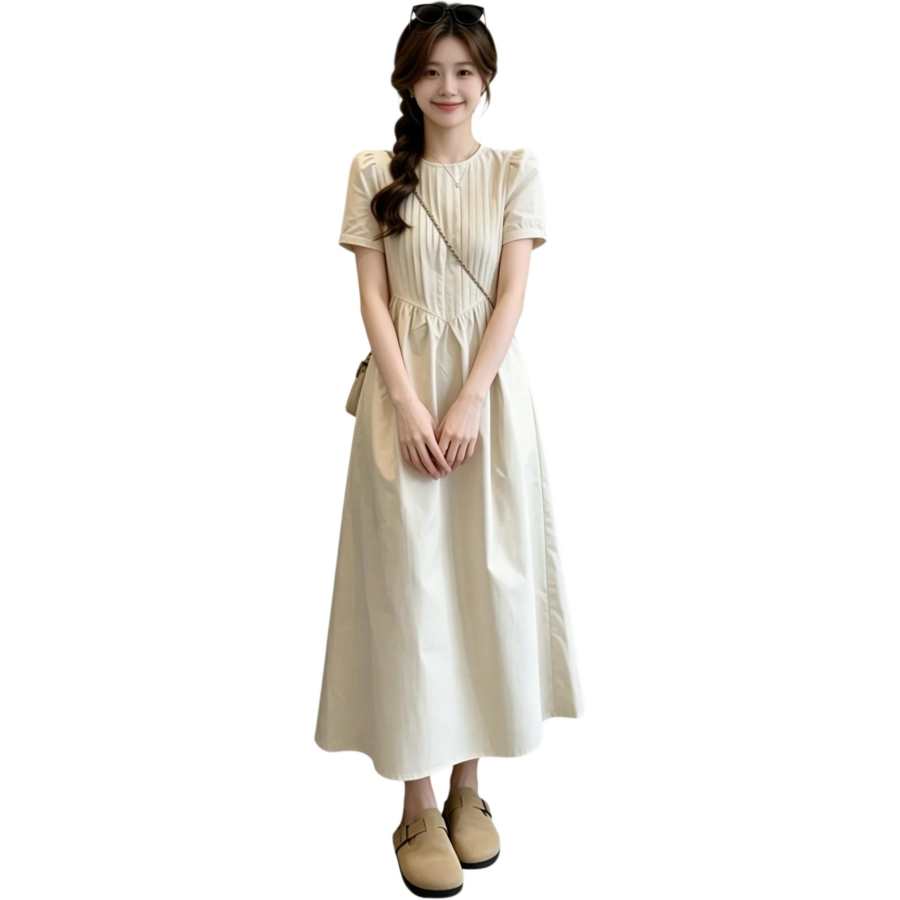 JBBCN Short Sleeved Dresses Women's Beige Apricot Crew Neck Moderate Long Skirt A Line Skirt