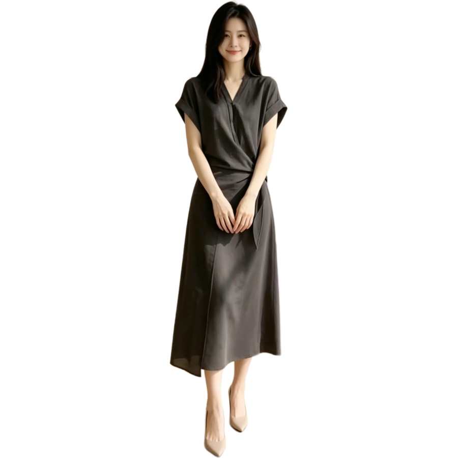 JBBCN Short Sleeved Dresses Women's Gray Brown V Neck Moderate Midi Skirt A Line Skirt