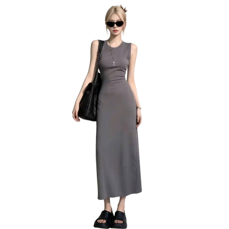 JBBCN Sleeveless Dresses Women's Gray Crew Neck Moderate Long Skirt Bodycon Skirt