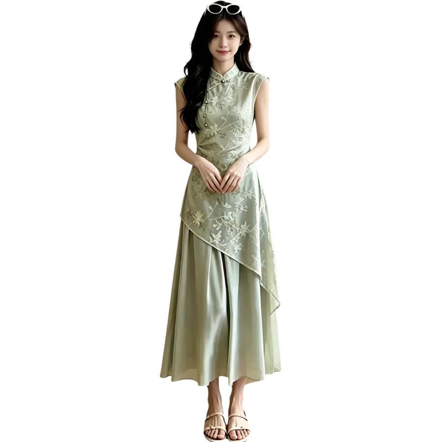 JBBCN Sleeveless Dresses Women's Green Cheongsam Collar Thin Long Skirt A Line Skirt
