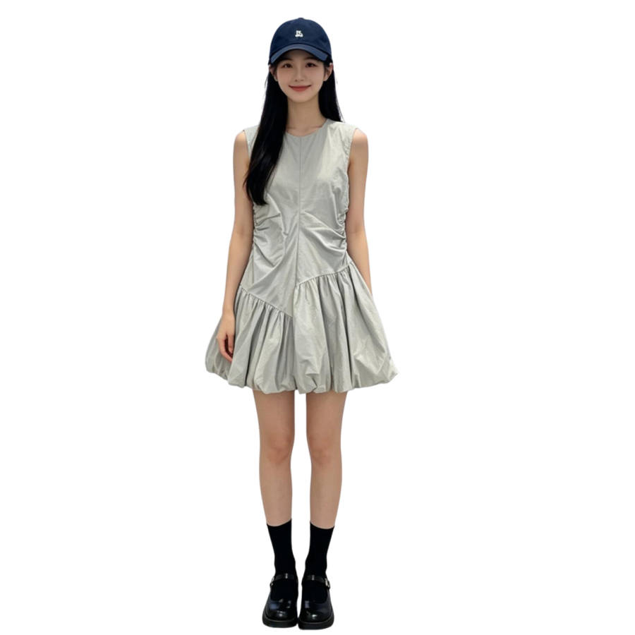 JBBCN Sleeveless Dresses Women's Light Gray Crew Neck Thin Short Skirt Puffy Skirt