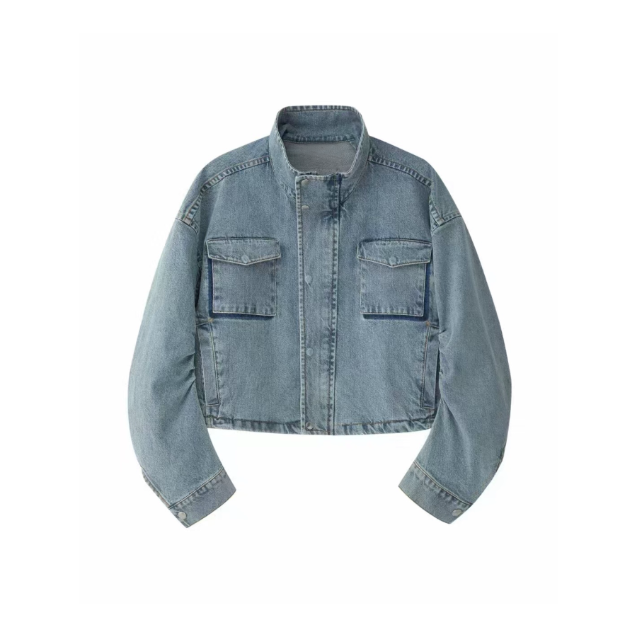 TUSHIFEI Denim Jackets Women's Light Blue Stand Collar Moderate Straight Fit