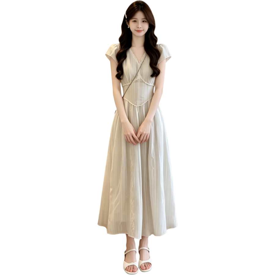 JBBCN Short Sleeved Dresses Women's White Stripes V Neck Thin Long Skirt A Line Skirt