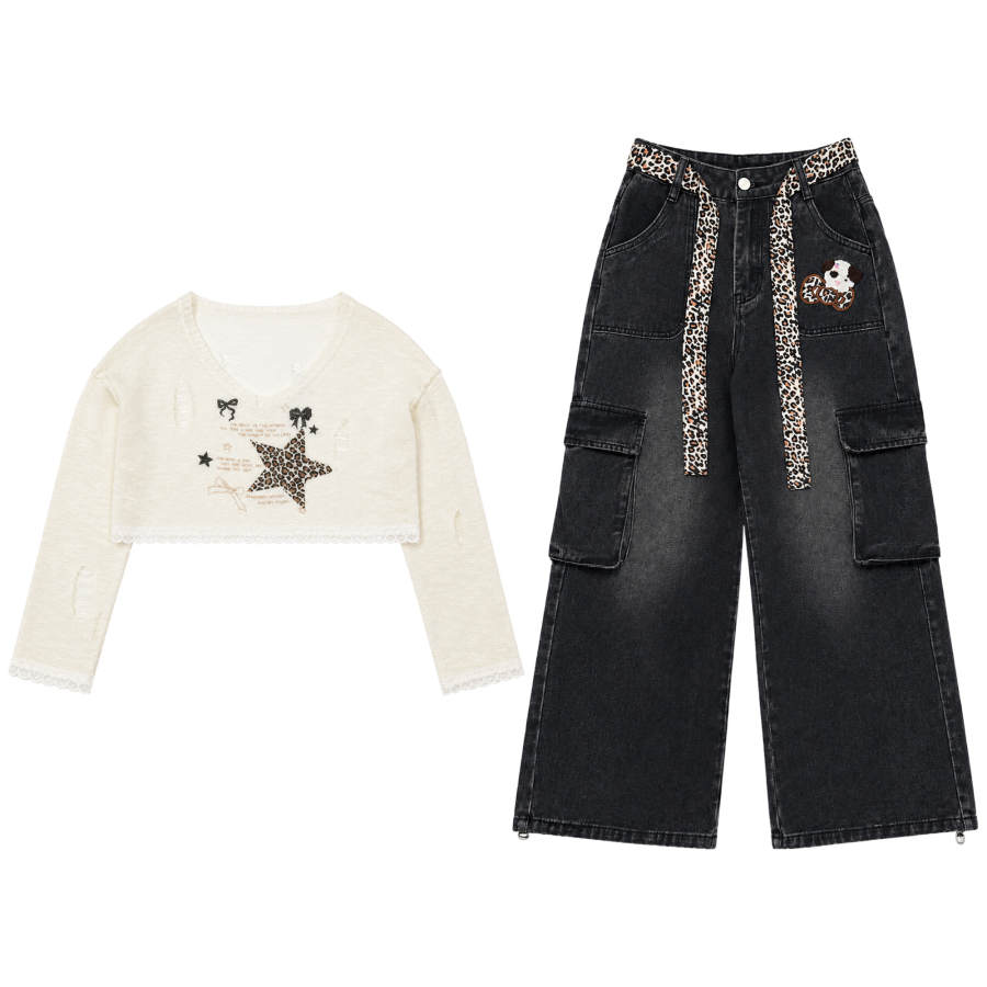 FABRIC PIG Casual Suits Women's Cardigan+Black Jeans V Neck Thin