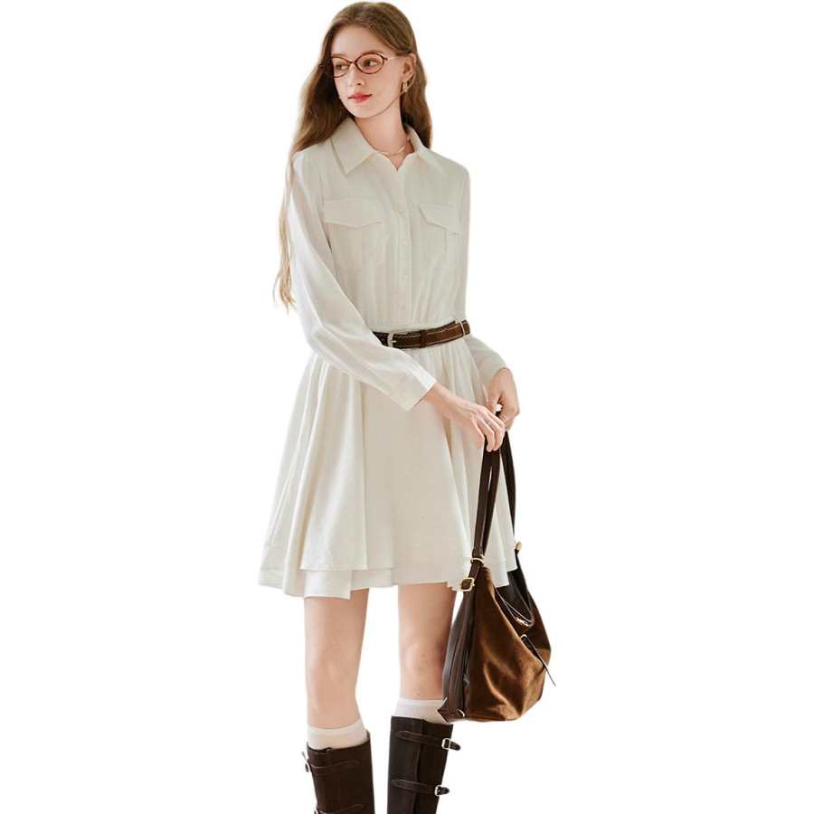 XIANGYING Long Sleeved Dresses Women's White Lapel Moderate Short Skirt