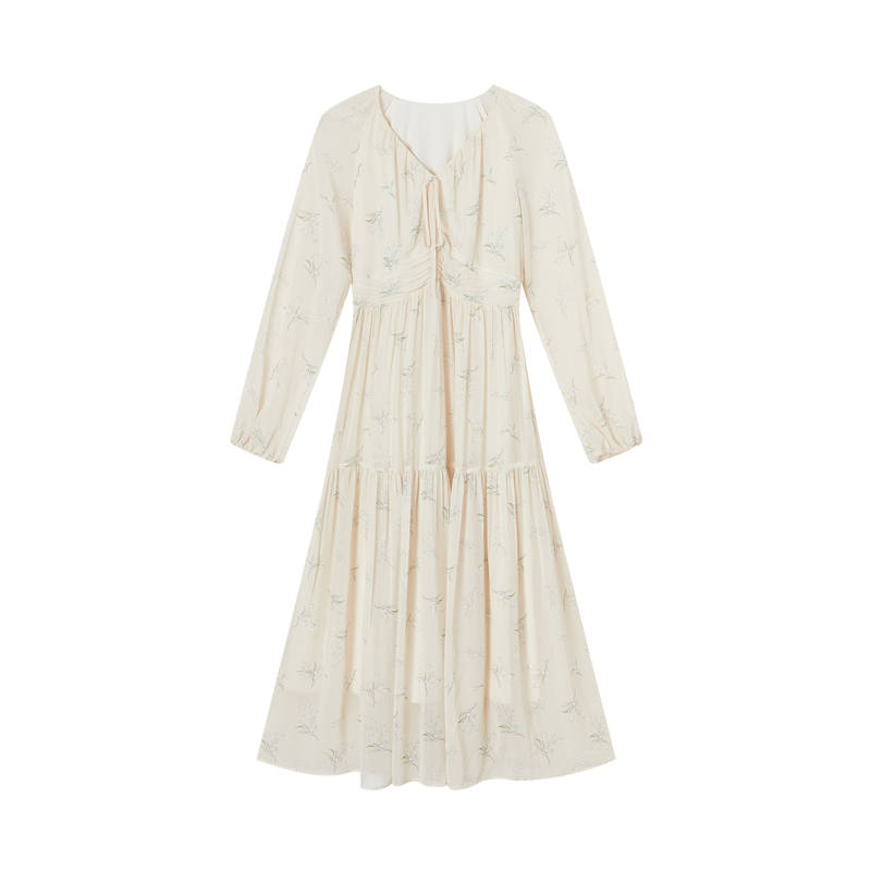 XIANGYING Long Sleeved Dresses Women's Beige Yellow V Neck Thin Long Skirt