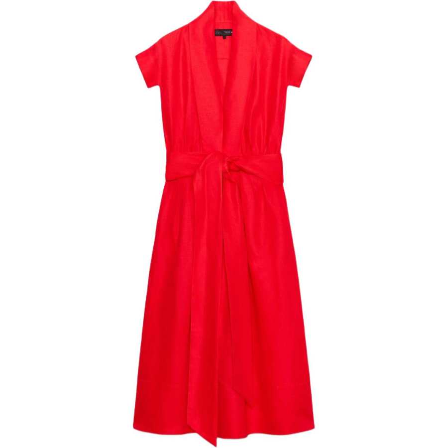 ZARA ZW Short Sleeved Dresses Women's Red V Neck Moderate Midi Skirt