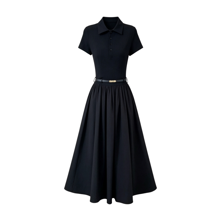 FINDSME GAGA Short Sleeved Dresses Women's Long Dress Polo Collar Moderate Midi Skirt A Line Skirt