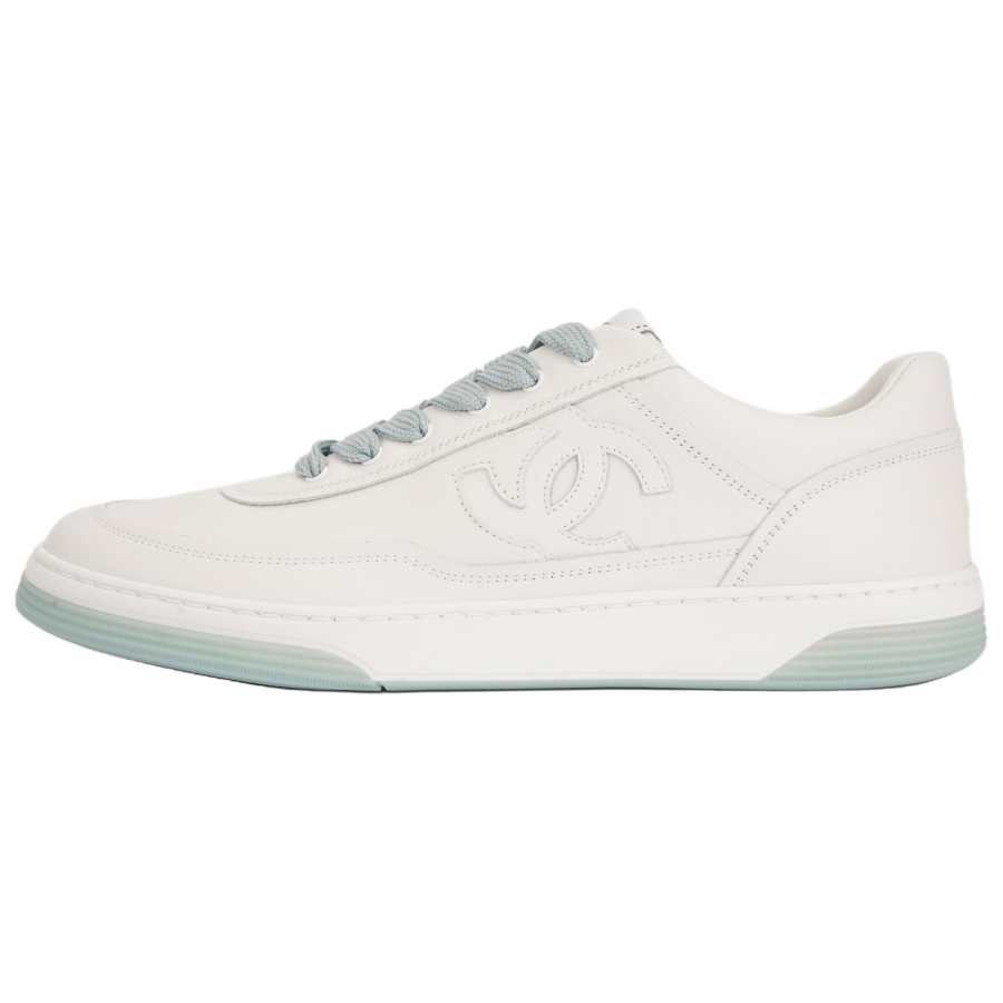 CHANEL Leather Low top Skateboard Shoes Men's White Blue