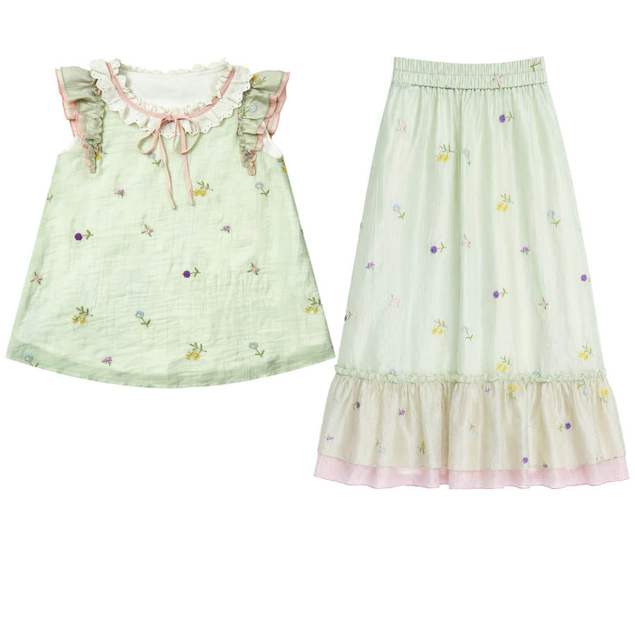 FABRIC PIG Two Piece Skirt Sets Women's Light Mint Green Lettuce Edge Collar Thin Long Skirt