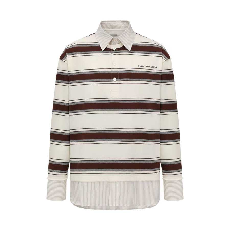 Feng Chen Wang Polo Shirts Men's White Brown Stripes Multicolor Lapel Moderate Straight Fit