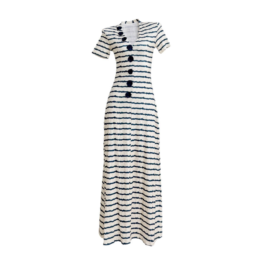 TUSHIFEI Short Sleeved Dresses Women's Stripes V Neck Moderate Long Skirt A Line Skirt