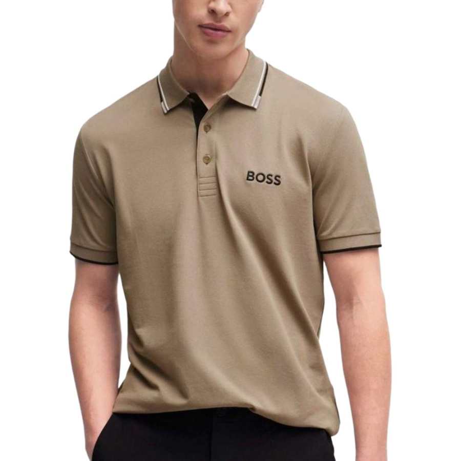 HUGO BOSS Polo Shirts Men's Khaki Green Polo Collar Moderate Straight Fit