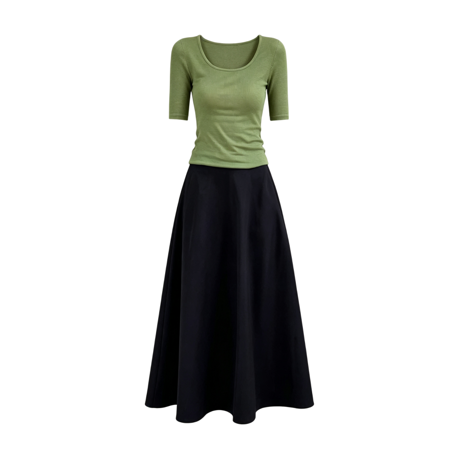 FINDSME GAGA Two Piece Skirt Sets Women's Crew Neck Thin Long Skirt