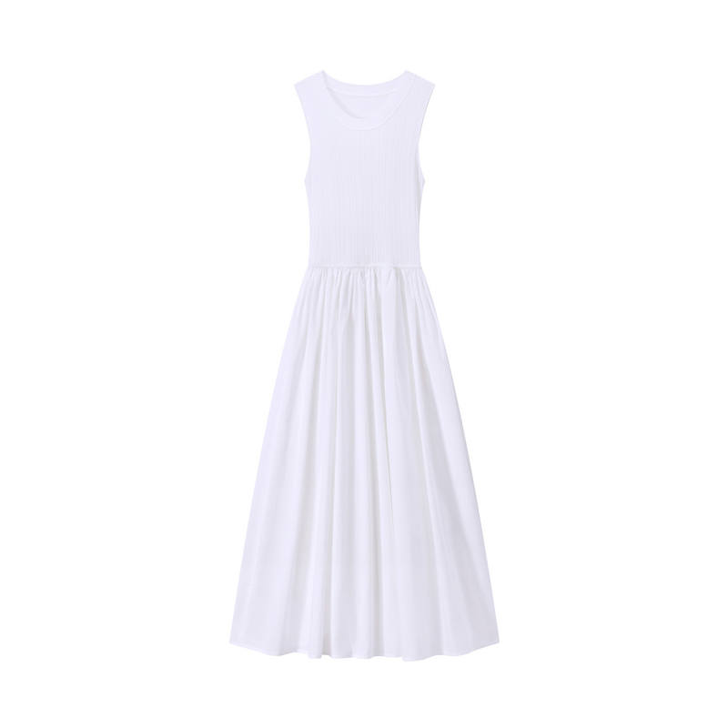 XIANGYING Sleeveless Dresses Women's White Crew Neck Moderate Long Skirt