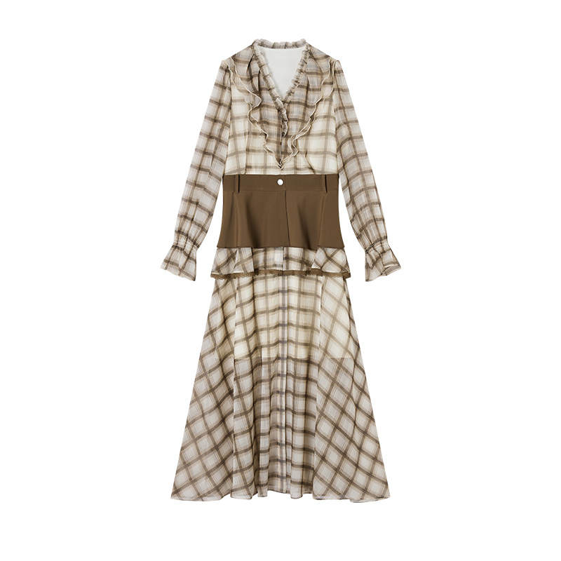 XIANGYING Long Sleeved Dresses Women's Coffee Plaid V Neck Thin Midi Skirt