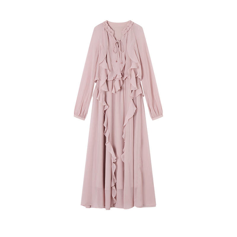 XIANGYING Long Sleeved Dresses Women's Pink V Neck Thin Long Skirt