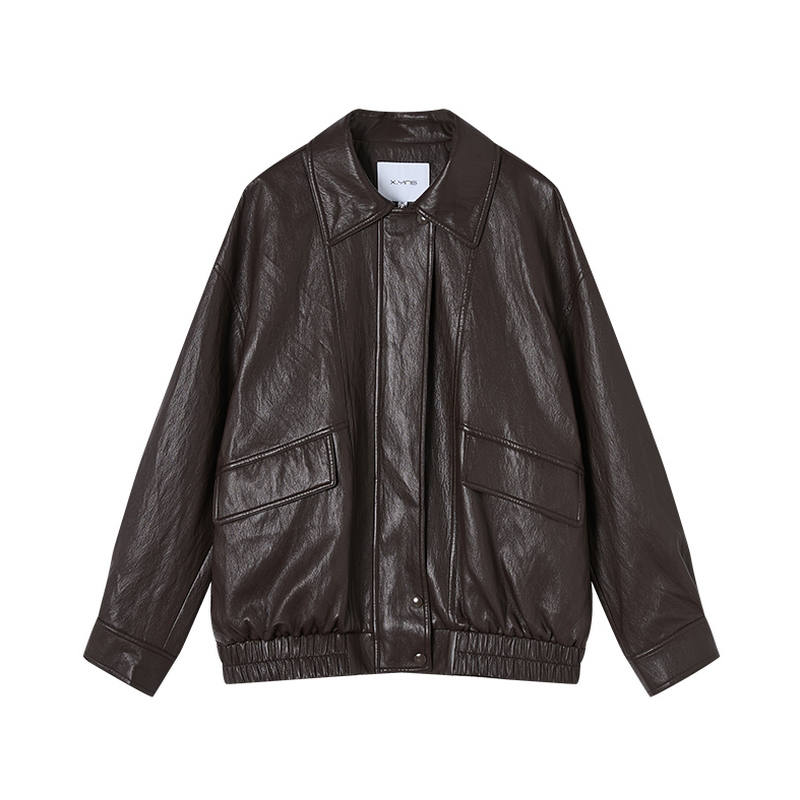 XIANGYING Leather Jackets Women's Coffee Lapel Moderate