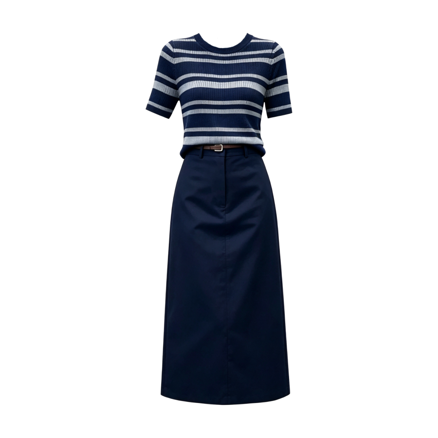 FINDSME GAGA Two Piece Skirt Sets Women's Crew Neck Thin Midi Skirt