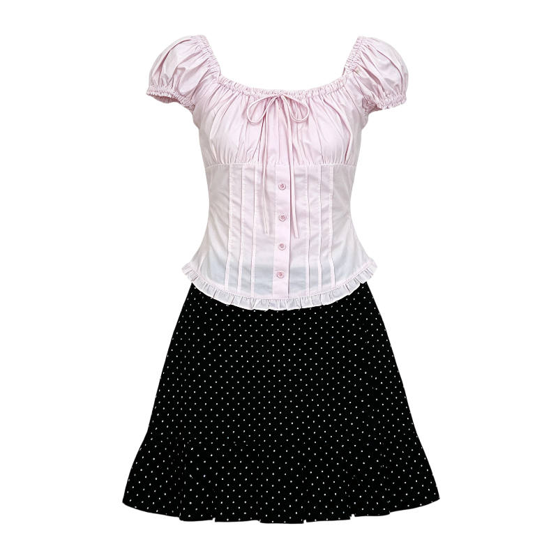 CPAURA Two Piece Skirt Sets Women's Square Collar Moderate Short Skirt