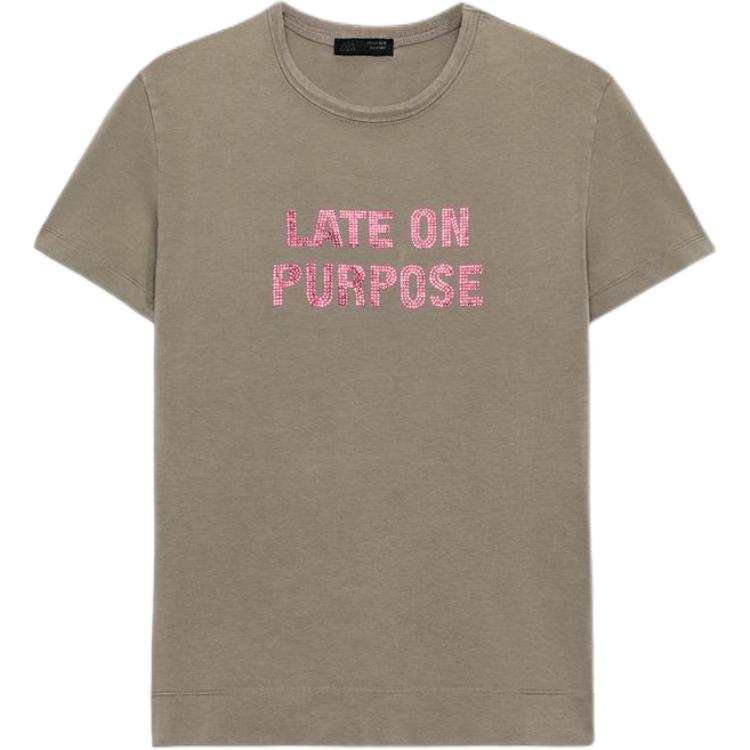 ZARA T Shirts Women's Khaki Crew Neck