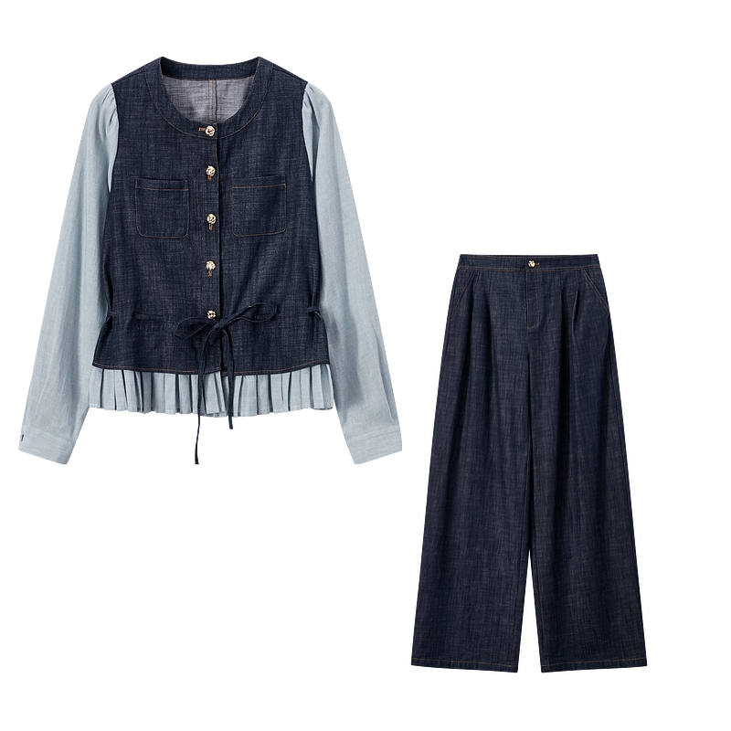 XIANGYING Casual Suits Women's Navy Blue Crew Neck Moderate