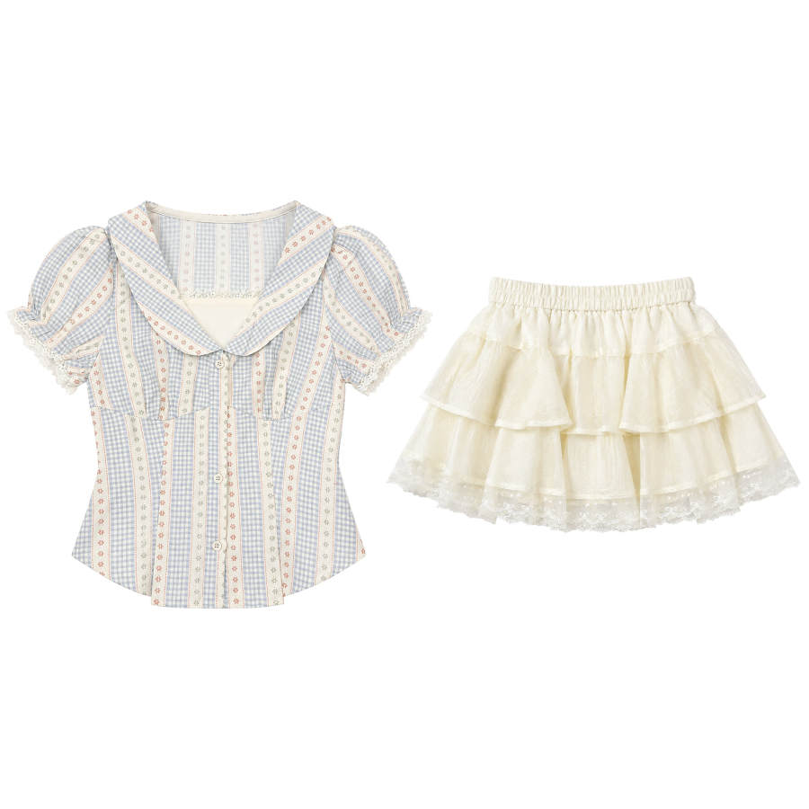FABRIC PIG Two Piece Skirt Sets Women's Light Apricot Short Sleeved Top+Short Skirt Peter Pan Collar Thin Short Skirt