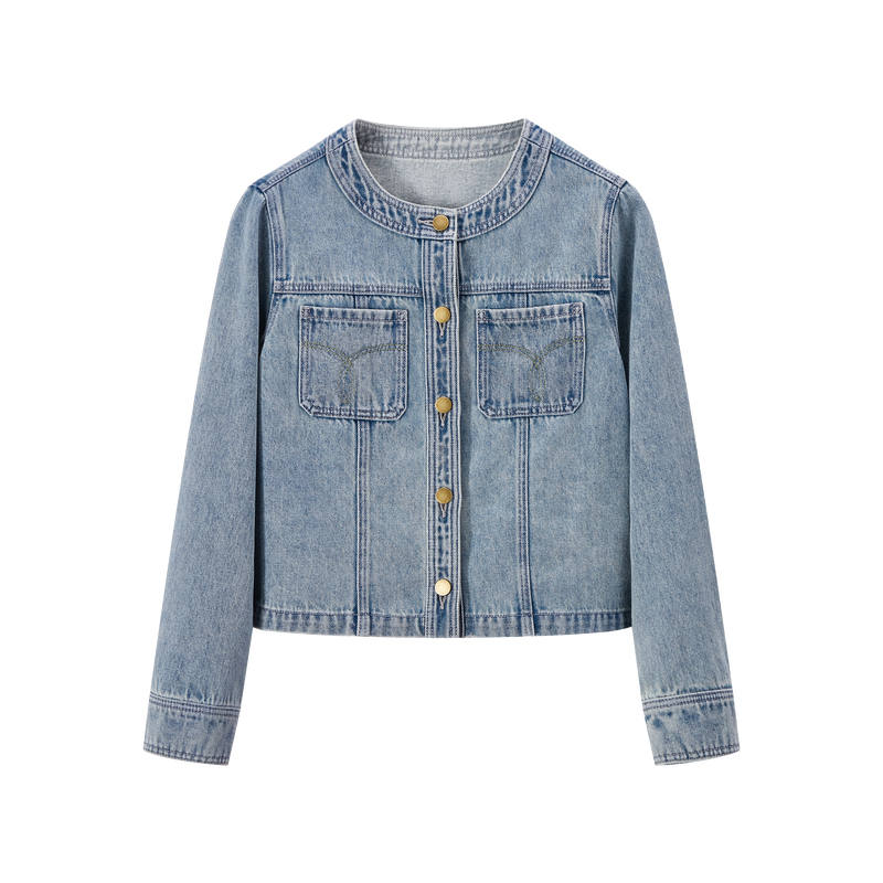 XIANGYING Cropped Coats Women's Denim Blue Crew Neck Thin