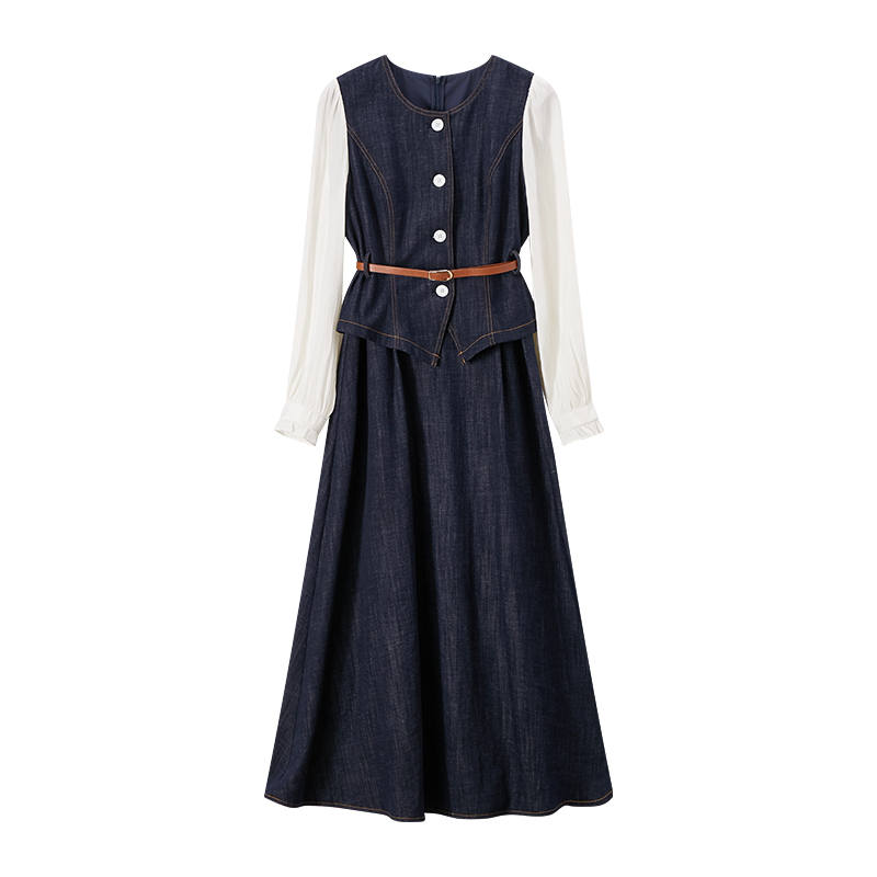 XIANGYING Long Sleeved Dresses Women's Navy Blue Crew Neck Moderate Midi Skirt