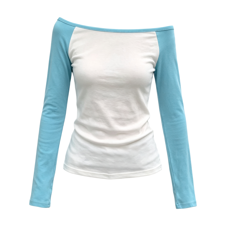 FINDSME GAGA T Shirts Women's Lake Blue Boat Neck Thin Nipped In Waist