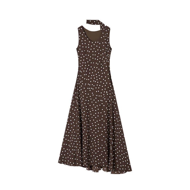 XIANGYING Sleeveless Dresses Women's Coffee V Neck Moderate Long Skirt