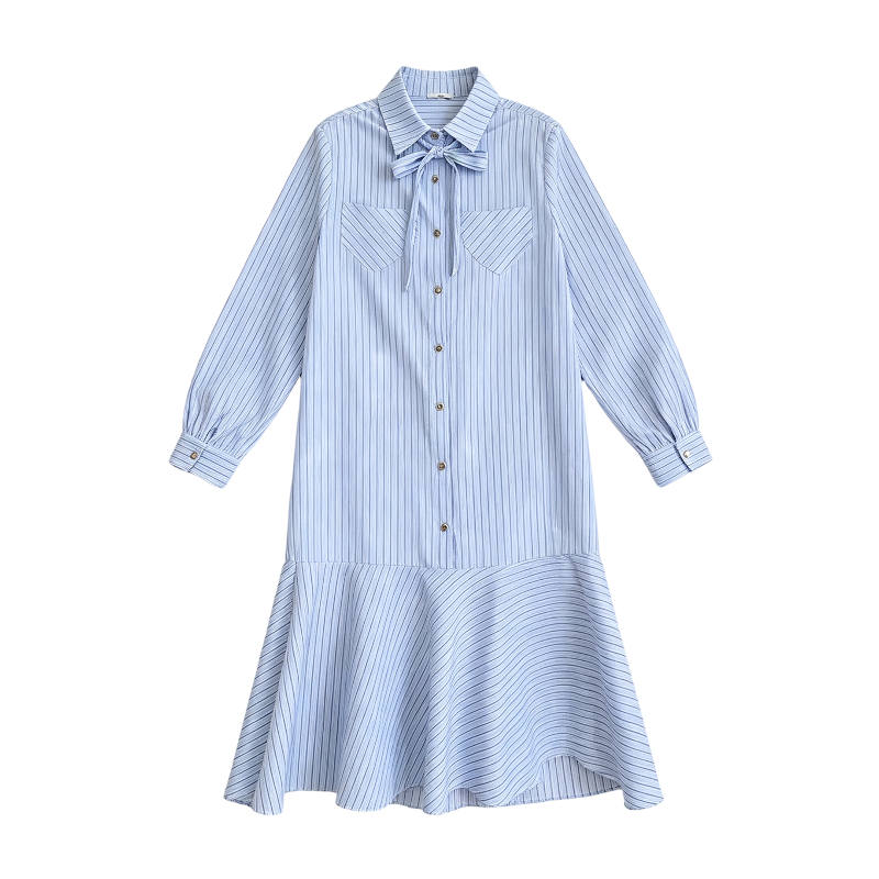 CPAURA Long Sleeved Dresses Women's Blue Stripes Lapel Moderate Long Skirt Fishtail Dress