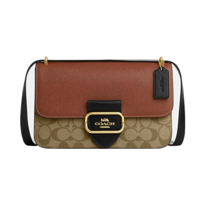 COACH Morgan Square Fabric With Leather Shoulder Bag, Crossbody Bag Medium Women's Khaki & Brown