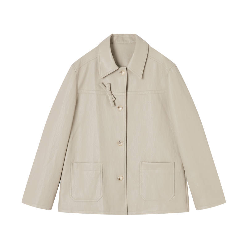 XIANGYING Leather Jackets Women's Light Khaki Lapel Moderate