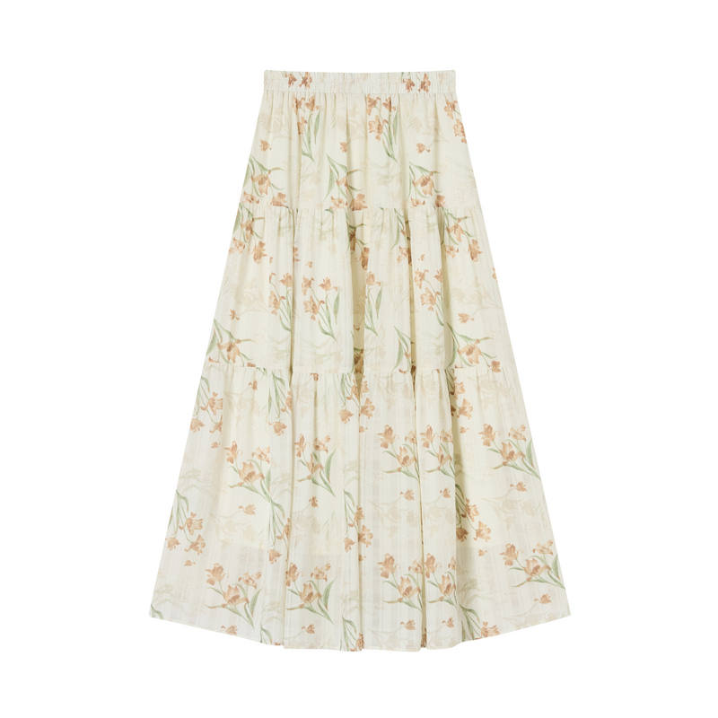 XIANGYING Casual Long Skirts Women's Yellow Floral Thin Long Skirt