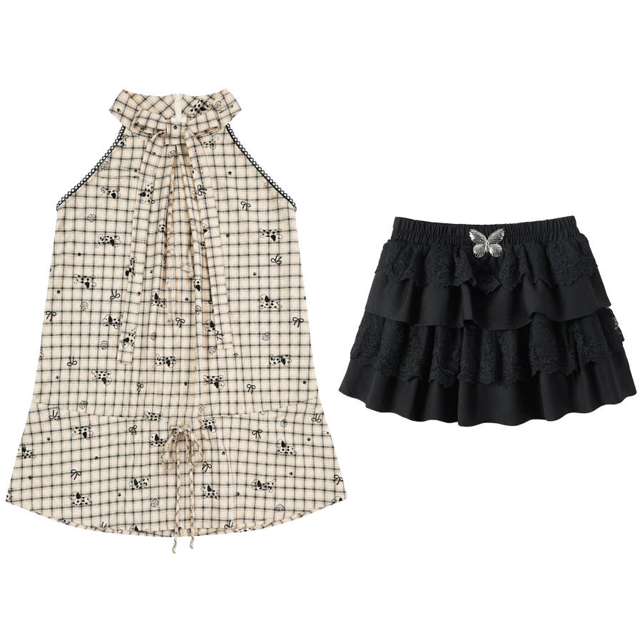 FABRIC PIG Two Piece Skirt Sets Women's Apricot Top+Short Skirt Halter Thin Short Skirt